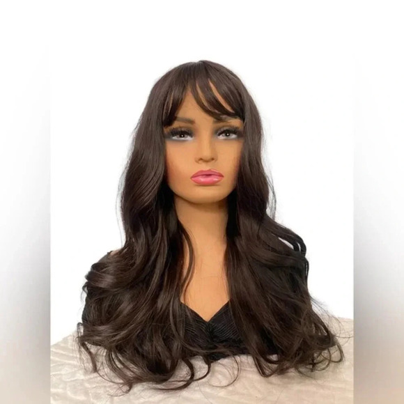 Vegan Wavy Chocolate Brown wig with bangs 25” - Picture 2 of 7